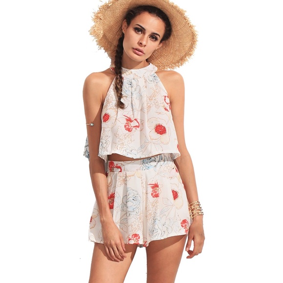 fairlygirly Pants - Two Piece Sleeveless Floral Tie Back Halter Romper